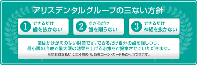 アリスデンタルグループの三ない方針 1、できるだけ歯を抜かない 2、できるだけ歯を削らない 3、できるだけ神経を抜かない 歯はかけがえのない財産です。できるだけ自分の歯を残しつつ、最小限の治療で最大限の効果を上げる治療をご提案させていただきます。